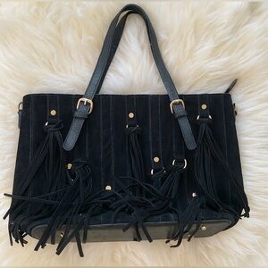 Womens Large Black Fringe Suede Embossed Studded Shoulder Bag Western Festival